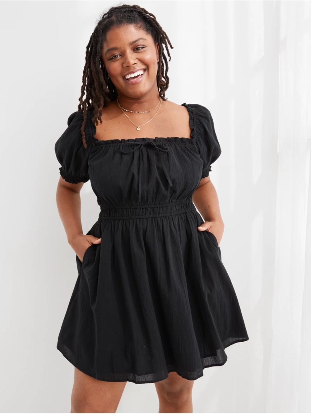 aerie Black Puff-Sleeve Square-Neck Mini Dress XS